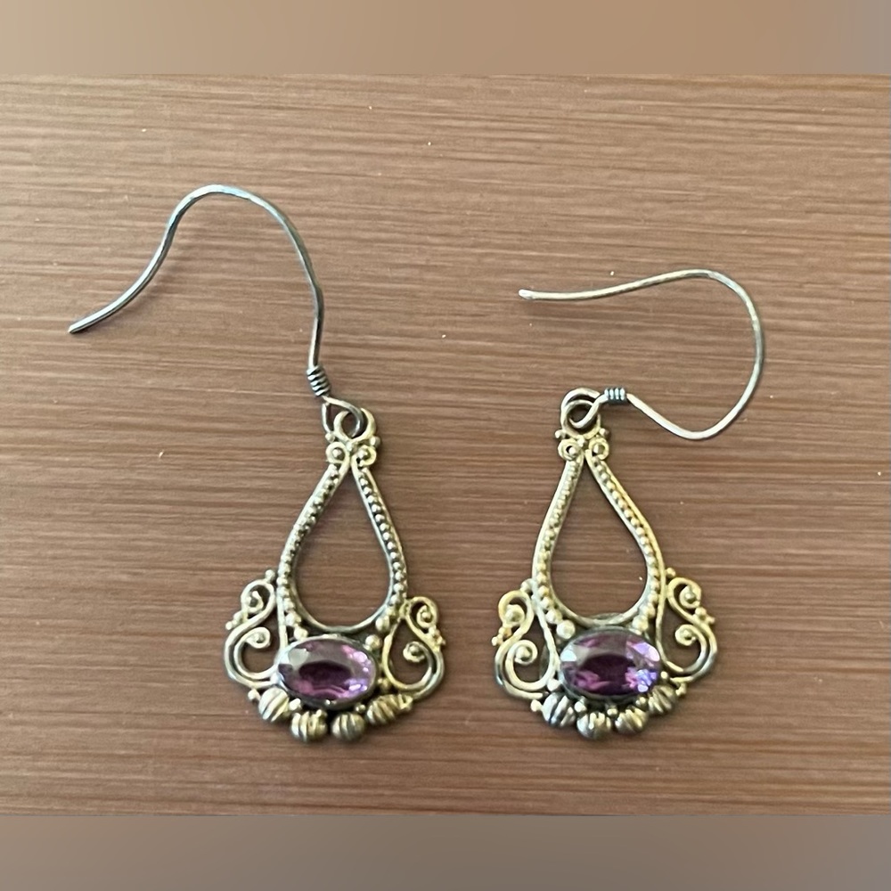 Purple & silver dangle earrings